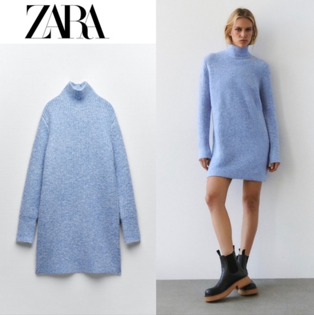Zara Knit Mock Neck Sweater Dress Blue Medium NWT